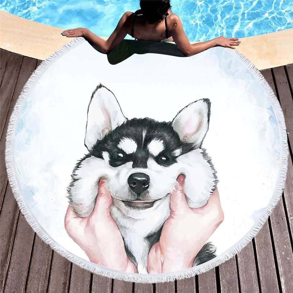 

Round Beach Towel for Kids Adults Cute Dog Cartoon Printed Tassel Yoga Mat Large Towel Microfiber Toalla Blanket strandlaken