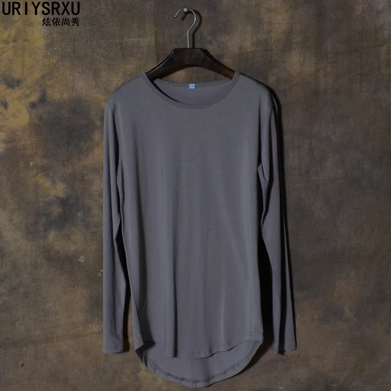 

new 2016 Curved hem big yards pure color T-shirt men long sleeve T-shirt irregular round collar cultivate one's morality men