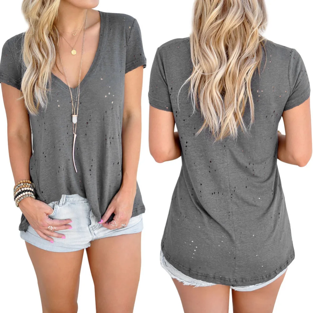 

Fashion Summer Women Sexy Shirt V Neck Solid Color Short Sleeve Tops Hole Personality Ladies Girls Loose Casual T-shirt F