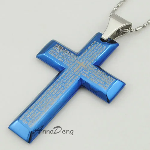 

CHIMDOU Mens Blue Stainless Steel Cross Pendant Necklace, with bible scripture, cool gift, punk rock, AP401