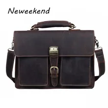 NEWEEKEND 1031 Vintage Casual Genuine Leather Crazy Horse 15 Inch Handbag Briefcase Shoulder Crossbody Laptop Bag