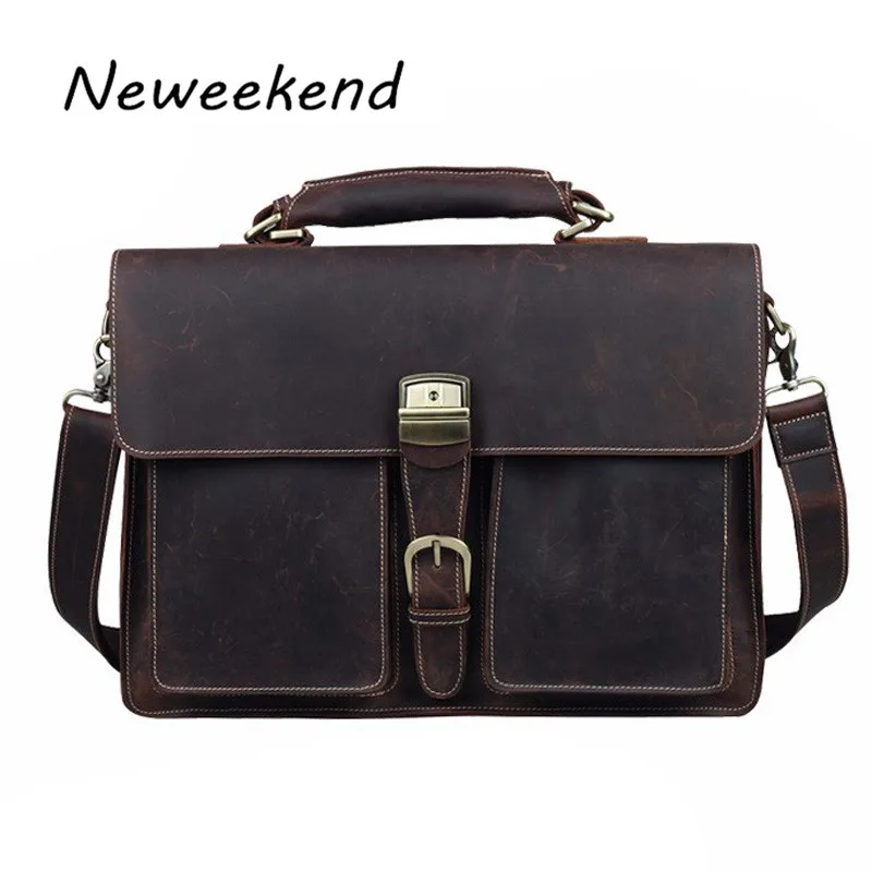 NEWEEKEND 1031 Vintage Casual Genuine Leather Crazy Horse 15 Inch Handbag Briefcase Shoulder Crossbody font b
