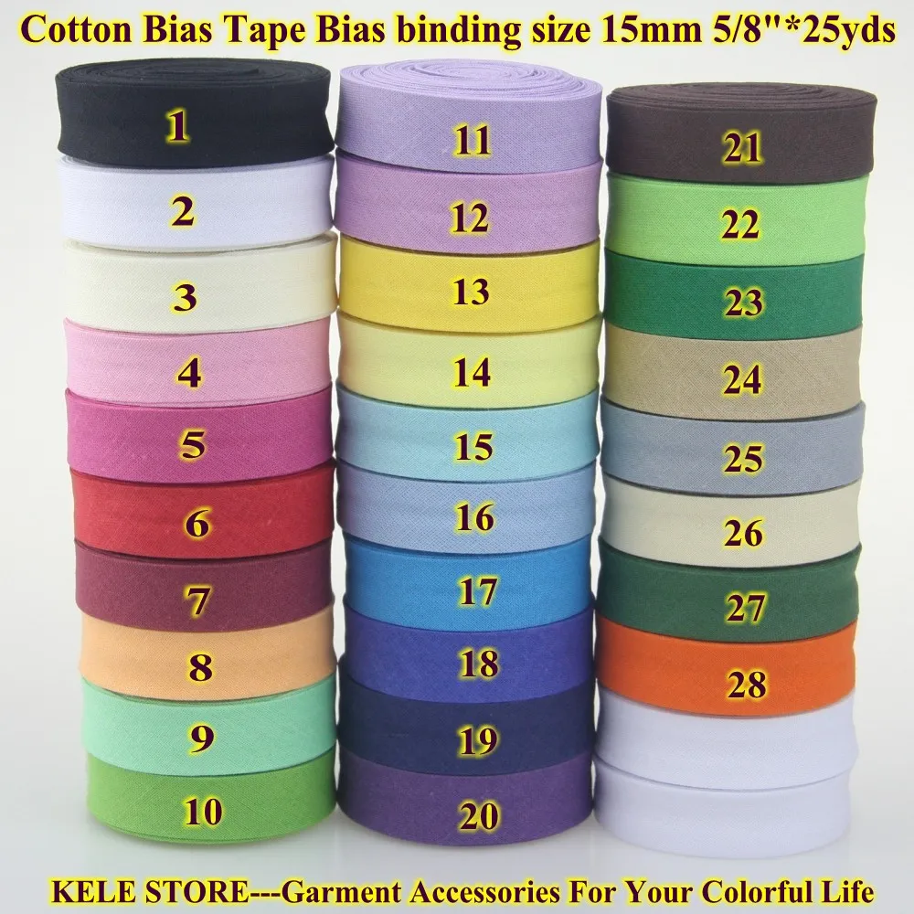 

Free shipping -100% Cotton Bias tape,size:15mm,width:5/8", 25yds per lot binding tape, DIY cloth material handmade,various color
