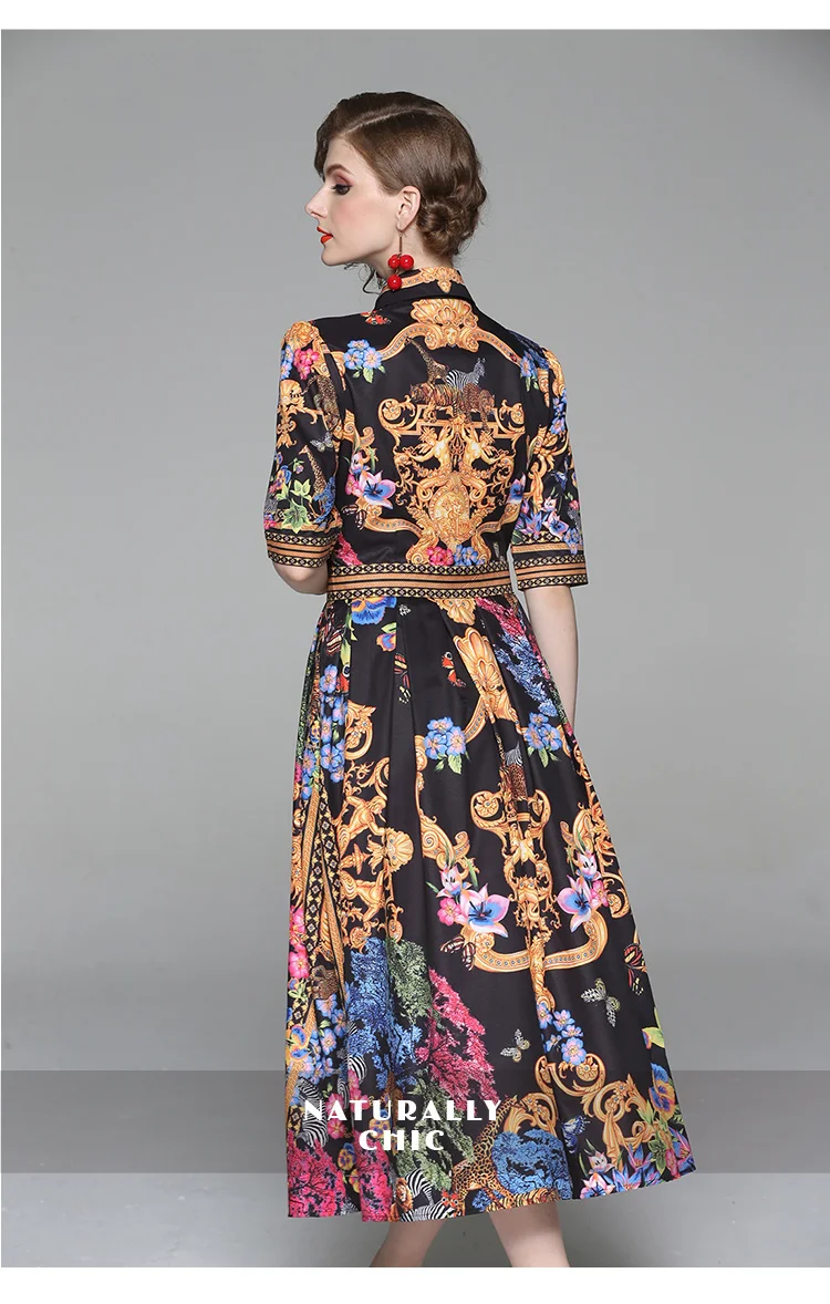 Летнее Элегантное Длинное платье с цветочным принтом для подиума, женское винтажное платье средней длины с коротким рукавом и отложным воротником, пуговицами и бантом