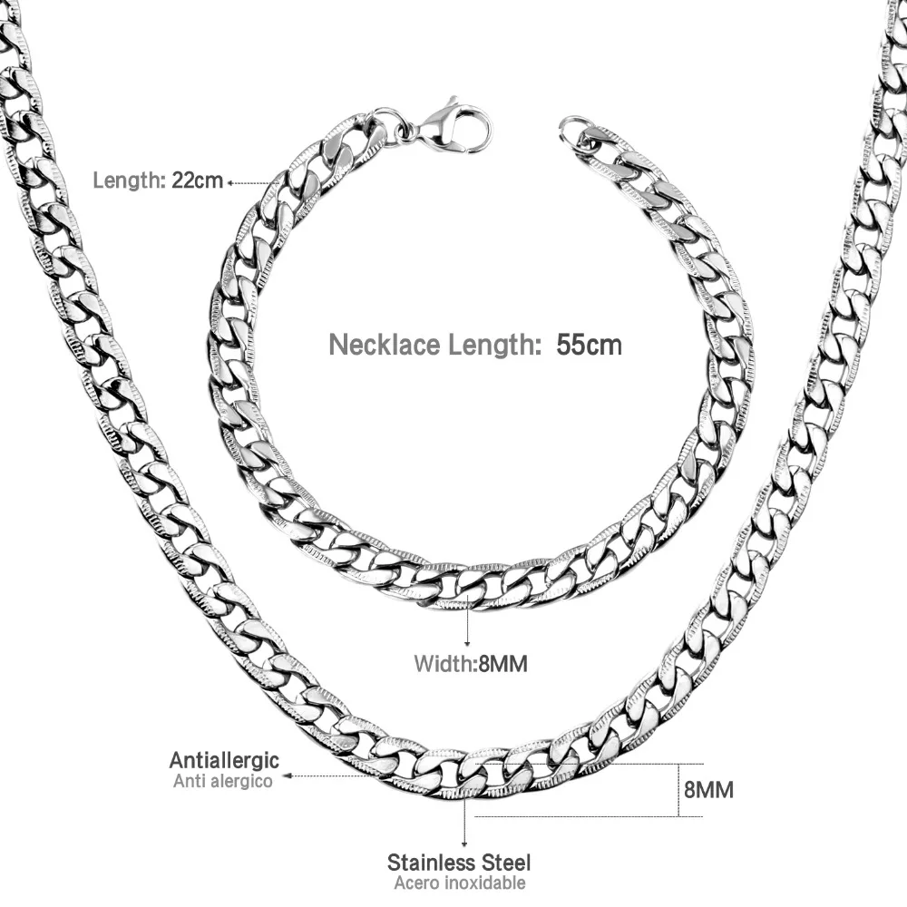 Роскошные стальные мужские цепочки, ювелирные наборы, ширина 8 мм, нержавеющая сталь, 50 см/55 см/60 см, кубинская цепочка, ожерелье, браслеты,, вечерние