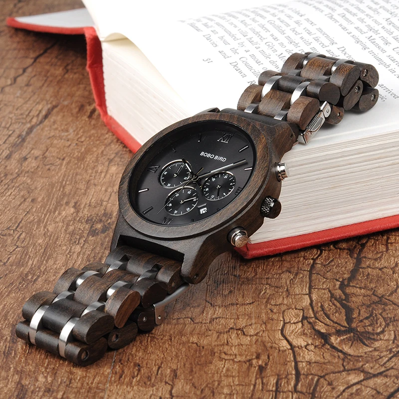 BOBO BIRD Wood Watches Men Business Luxury Stop Watch Color Optional with Wood Stainless Steel Band V-P19