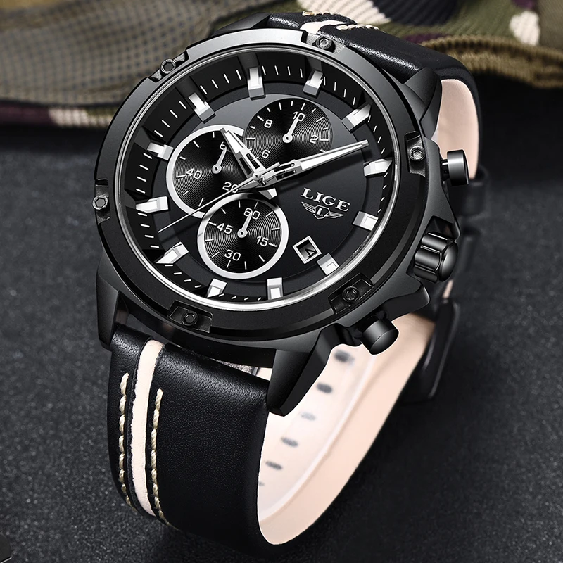 2018 New LIGE Top Watch Men All Black case Casual Leather Quartz Wristwatch Military Waterproof Sopor Watches Relogio Masculino