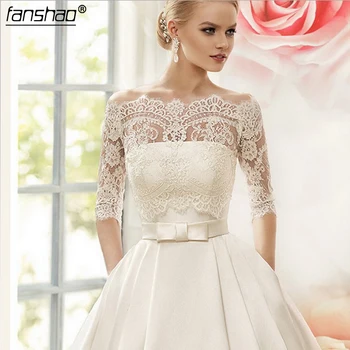 

Elegant Hot Sale Elegant Boat Neck A Line Three Quarter Wedding Dresses Sashes Appliques Floor Length Bridal Gown