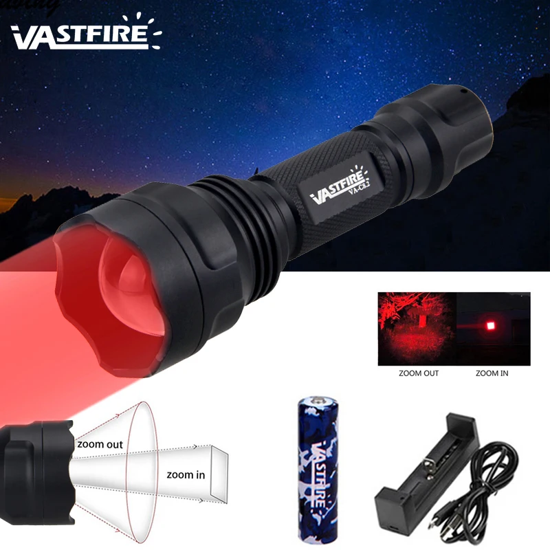 

5000LM Q5 Tactical LED Weapon Light Red Zoomable Adjustable focus Hunting Flashlight+18650+USB Charger+Gun Mount+Pressure Switch