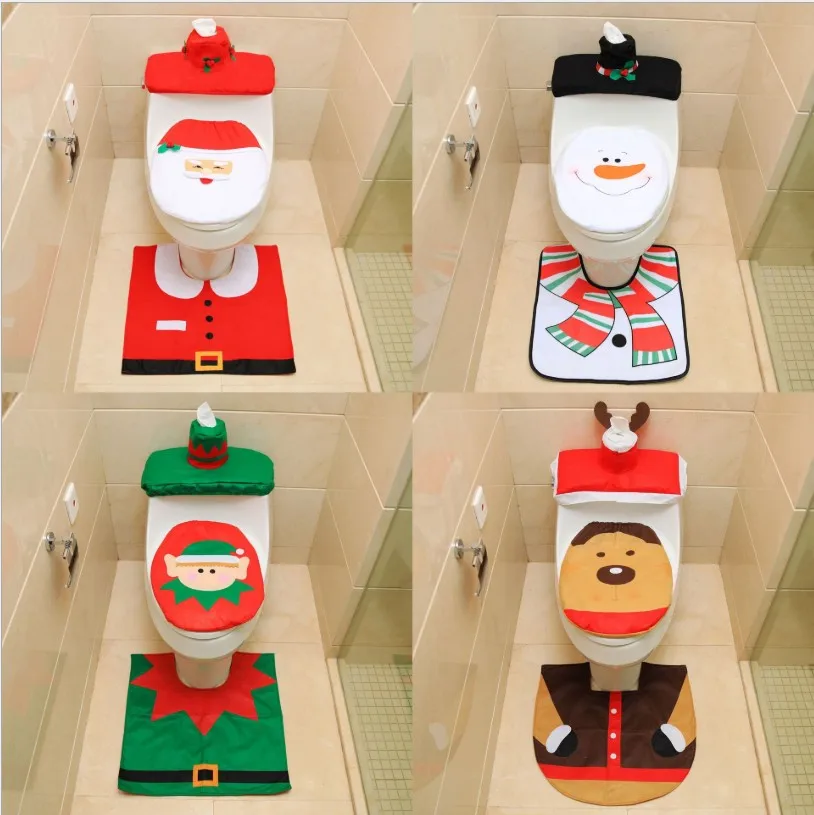 Cartoon toilet seat Santa Claus toilet three-piece toilet lid water tank cover paper towel set foot pad decoration DIY party dec