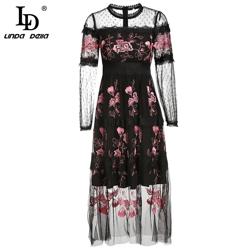 LD LINDA Делла, модное дизайнерское осеннее платье, женское, 3/4 рукав, сексуальное, накладное, кружевное, Сетчатое, Цветочная вышивка, винтажное платье, vestido