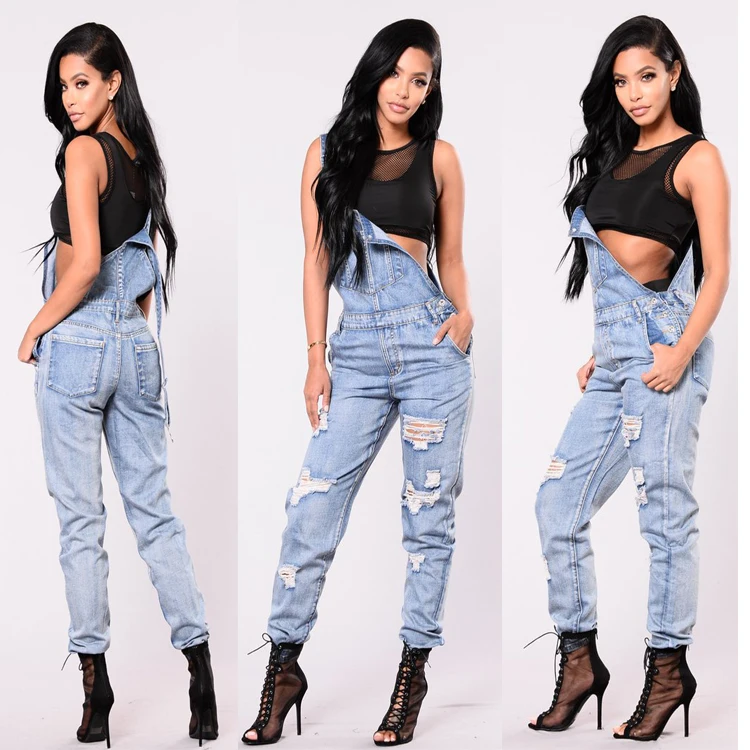 

2019 Plus Size 3XL Autumn Women Overalls Cool Denim Jumpsuit Ripped Holes Casual Jeans Sleeveless Jumpsuits Hollow Out Rompers
