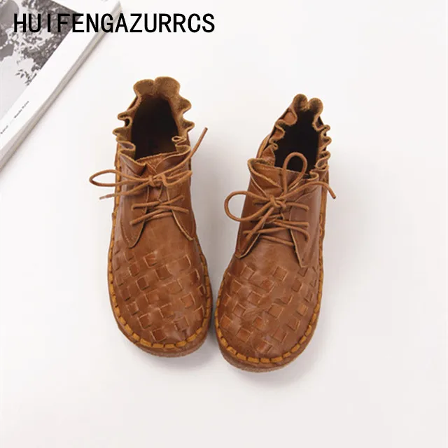 Baratos HUIFENGAZURRS nuevos zapatos de tejido hechos a mano de piel de vaca 2018 capa de cabeza, zapatos de mujer estilo retro mori para chica, zapatos casuales para mujer, 4 colores