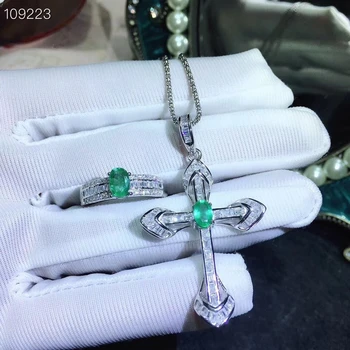 

Lovely Restoring Cross geometry S925 silver natural green emerald gem ring pendant natural gemstone jewelry set girl jewelry