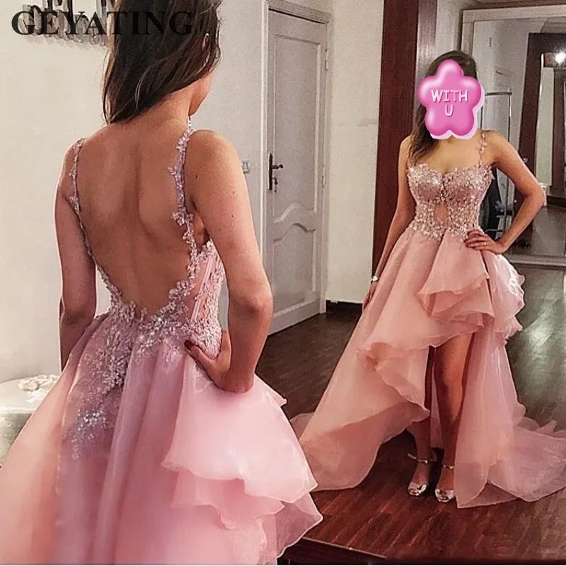 Elegant Blush Roze Hi Low Prom Dresses 2020 Sexy Backless Lange Avondjurken Spaghettibandjes Ruches Lace Formele Party Dress Elegant Blush Roze Hi Low Prom Dresses 2020 Sexy Backless Lange Avondjurken Spaghettibandjes Ruches Lace Formele Party Dress