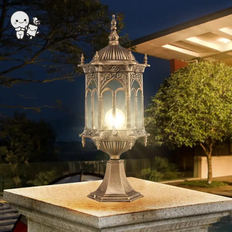 Goedkoop Outdoor Zwart Koper Landschap Verlichtingsarmatuur Waterdichte Europese Art Deco Pijler Pole Lamp voor Villa Tuin Yard E27 Lamp