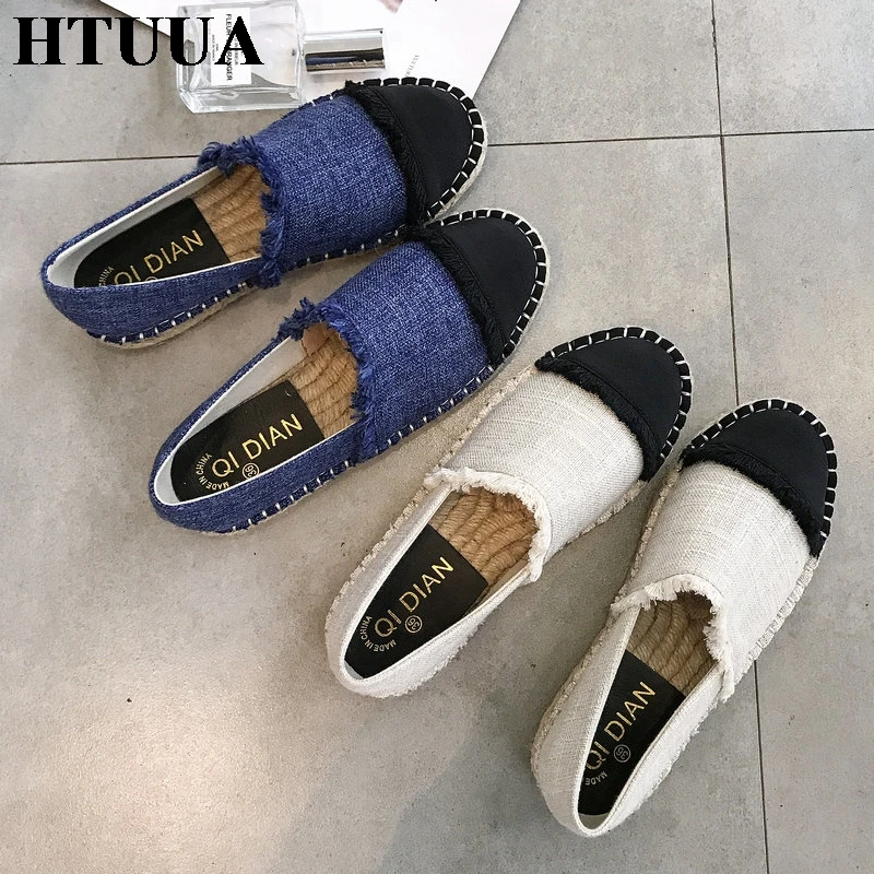 

HTUUA 2019 Autumn Denim Flat Shoes Women Lightweight Breathable Hemp Fisherman Shoes Woman Slip On Casual Loafers SX3045