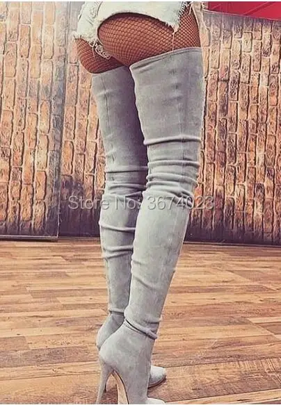 

Qianruiti Runway Women Suede Leather Thigh High Boots Pointed Toe High Heels Crotch Stretch Overknee Boots Beige Gray Black