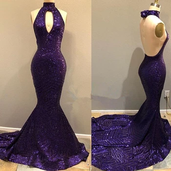 

Sparky Halter Mermaid Long Bridesmaid Dresses 2018 Sexy Backless Purple Sequined Party Gowns Robe De Soiree Hot Sale Prom Dress