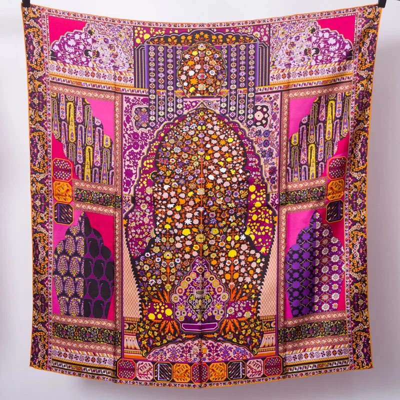 

Persian 100% Twill Silk Scarf Women Printing Handmade Hemming Square Bandana 90*90cm Scarf