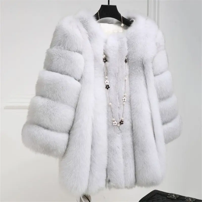 Для женщин зимнее теплое пальто с воротником из искусственного меха лисы Женская облегающая юбка большого Размеры 4XL куртки женские Вечеринка Искусственный мех пальто Manteau Fourrure X66 - Цвет: Белый