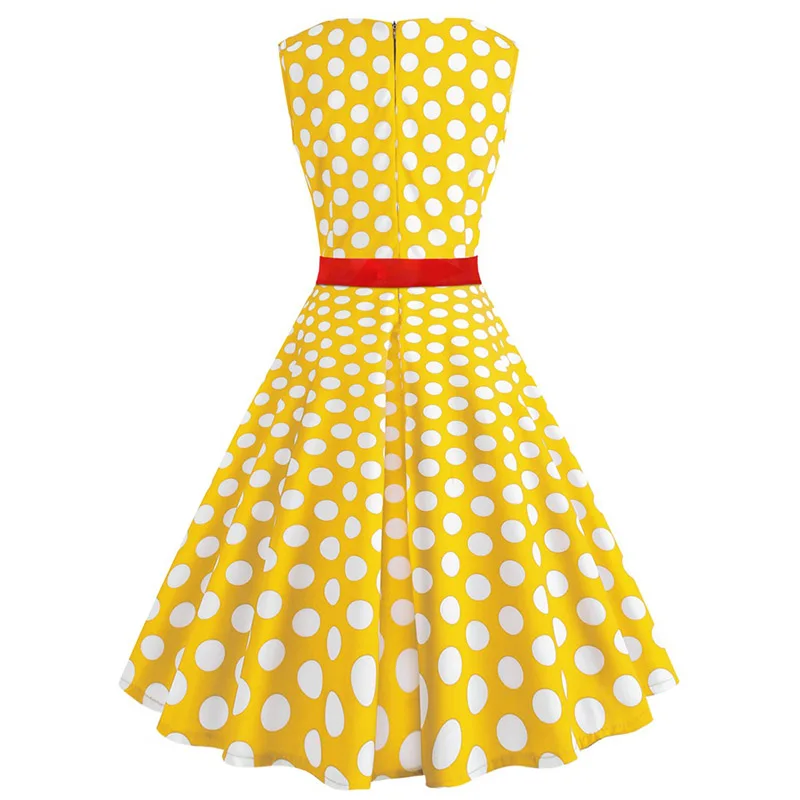 ShejoinSheenjoy Summer Hepburn Sleeveless Dress Women Retro Printed Dress Party Fashion V-Neck Dress Slim Zippers Yellow Dresses (5)
