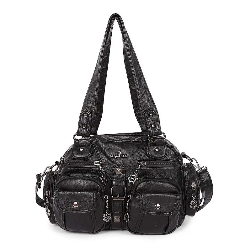 

Women Fashion High Quality Washed PU Leather Motorcycle Small Mini Shoulder Bags Multi Pocket Lady Stylish Crossbody Bag