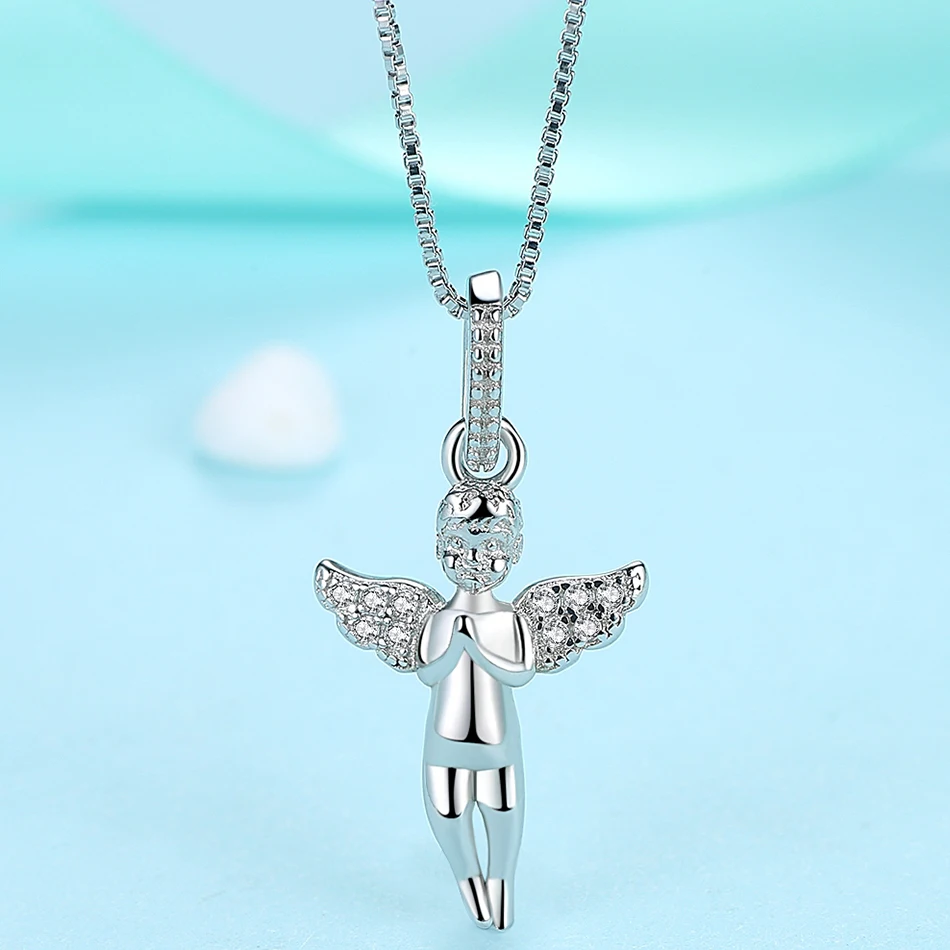 ELESHE Genuine 925 Sterling Silver Cross Necklace Fashion Jewelry Crystal Angel with Wings Pendant Necklace for Women Girls Gift