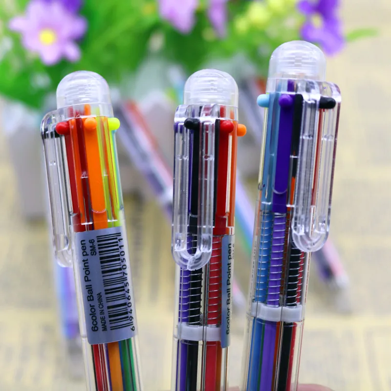 2 Pcs Plastic Pens With Multi Color Models 6 In 1 Multi Colored Ballpoint Pen Push 