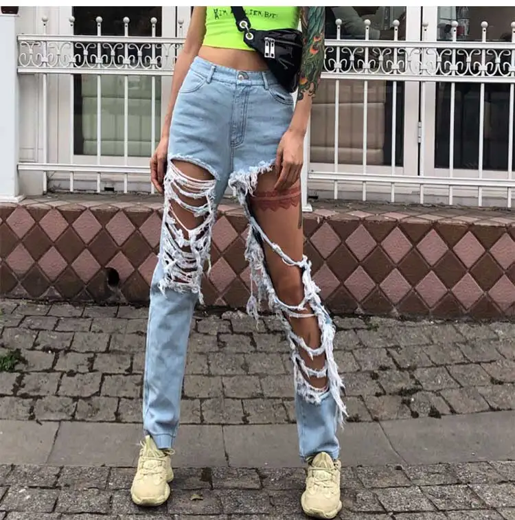 Women Summer Big Hole Ripped Jeans 
