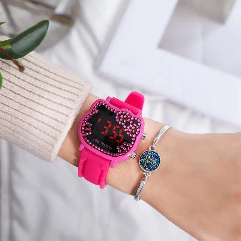 rose red Hello kitty часы с героями мультфильмов детские спортивные наручные часы для девочек детские светодиодные цифровые бриллиантовые Наручные часы Nina Reloj Nino часы - Цвет: rose red