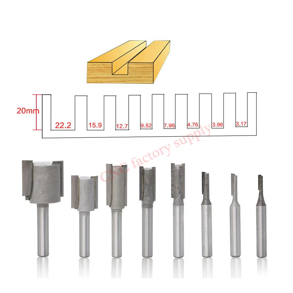

8pcs/set 1/4" Shank Milling Cutter Tungsten Carbide Double-edged slotted straight knife carving machine knife head Hand Machine