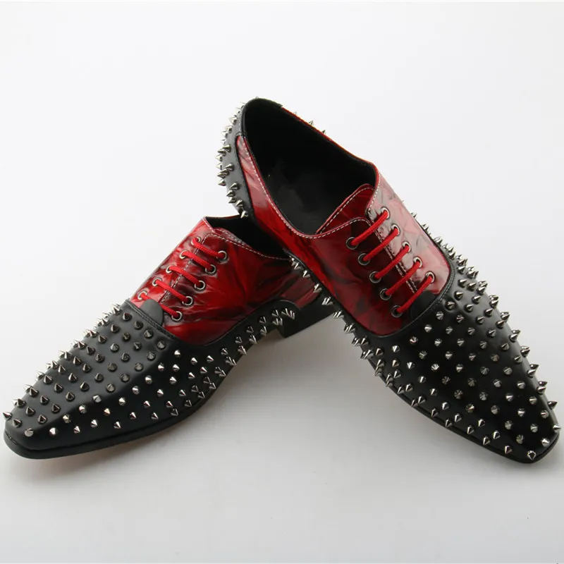 Black Rivet Embellished Men Breathable Casual Shoes Lace Up Square Toe Party Mixed Color Nightclub Waterproof Hombre | Обувь
