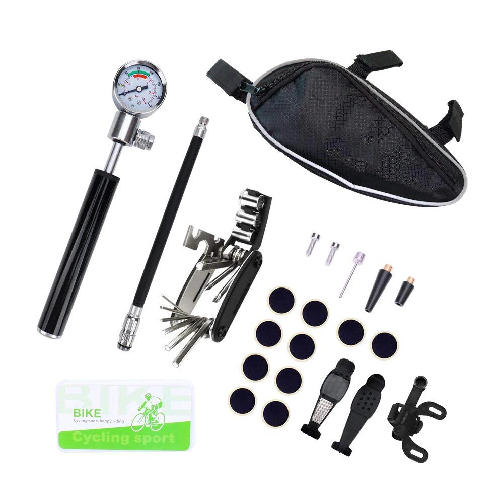 

Bicycle Repair Tools Kit - 140 PSI Mini Pump with Barometer Multi Tool Fix bag Including Glueless Puncture Repair Kit, Ball Ne