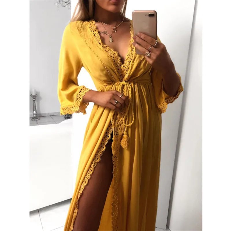 

Casual Womens Plain Long Dress Summer Lady Linen Blend Sundress 3/4 Sleeves Lace-up Solid Ankle-Length Dress V-Neck Loose Dress