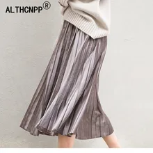 M-6XL размера плюс Весна Осень Harajuku золото бархат Женская плиссированная юбка Эластичность Высокая талия длинная юбка Jupe Longue Femme