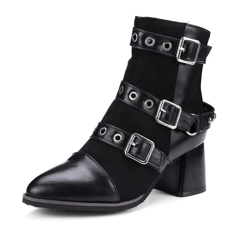 

2018 New Euramerican Fashion Winter Women Boots Basic Ankel High Square Heels Pointed Toe Punk Casual Zip Metal Decoration Shoes