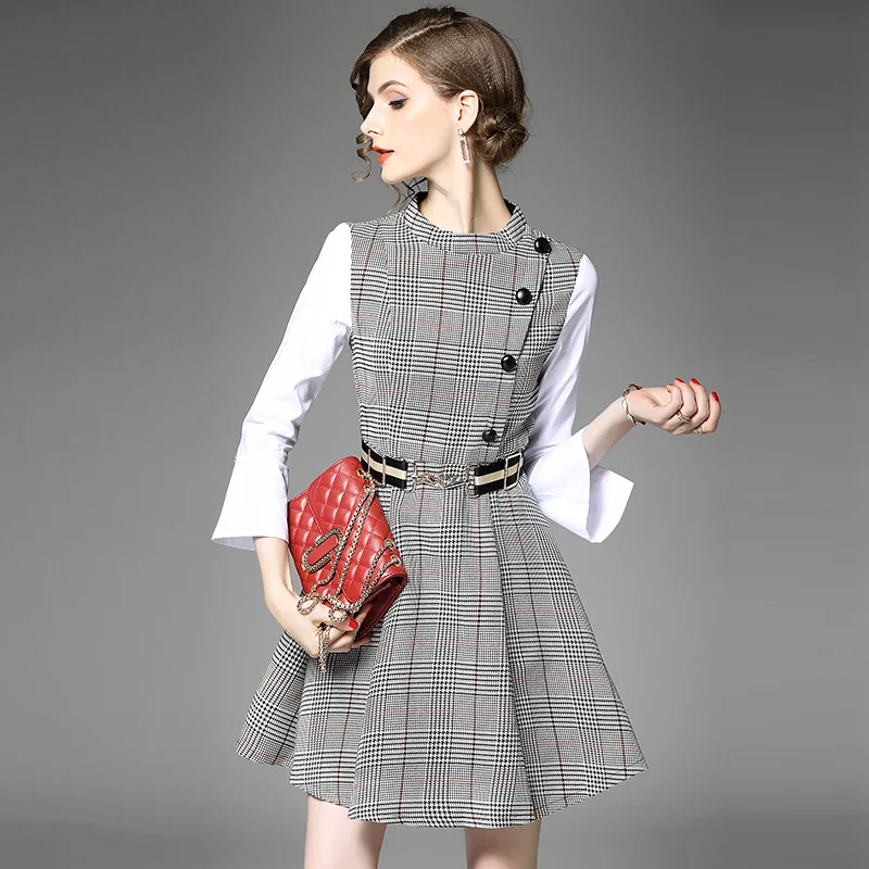 

2017 Women's Autumn European And American Fashion Long Sleeve Plaid Stitching Dress girl fake two dress