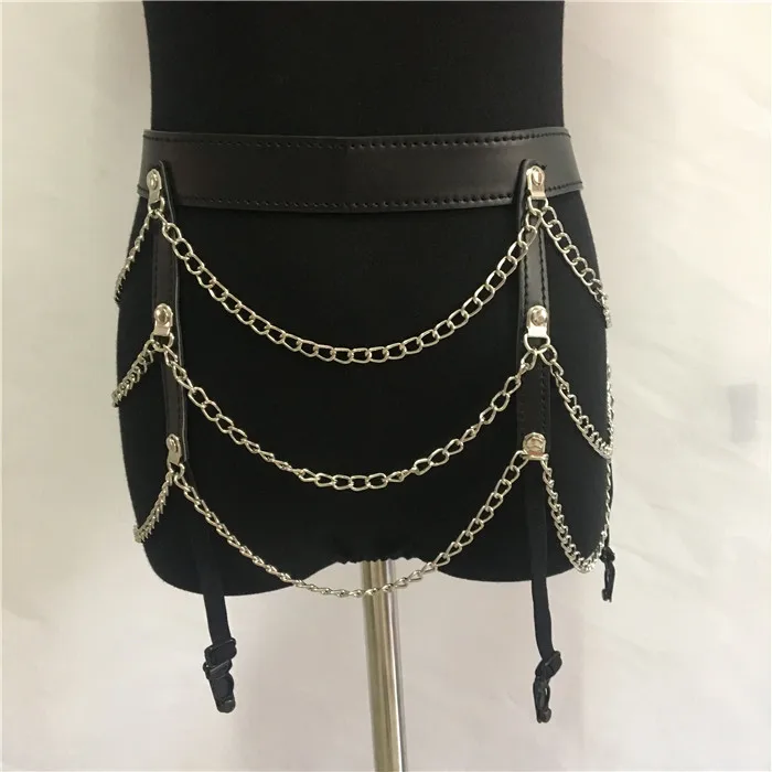 FestivalQueen sexy metal chain PU hollow tank top women new arrival patchwork bandage nightclub backless halter crop top - Color: Black Bottoms