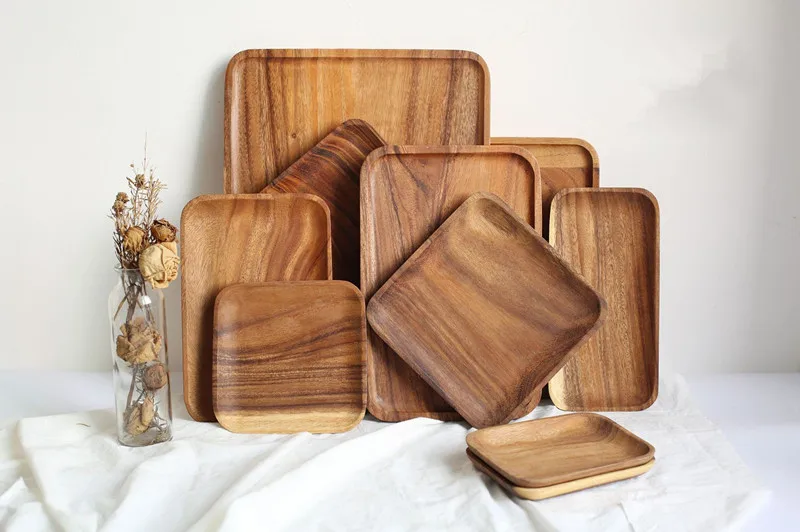 

Square Rectangle Solid Wood Pan Plate Fruit Dishes Saucer Tea Tray Dessert Dinner Bread Wood Plates