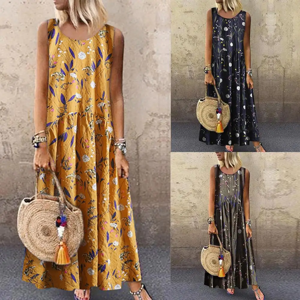 

Women Plus Size Bohemian O-Neck Floral Print Vintage Sleeveless Long Maxi Dress Vestidos De Verano Vestidos Elbise Vadim Shein