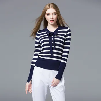 

2018 Euro Style New Style Panelled Stripe Frenum Jersey Long Sleeve Casual Fashion Temperament Women Pullover Knitted Sweater