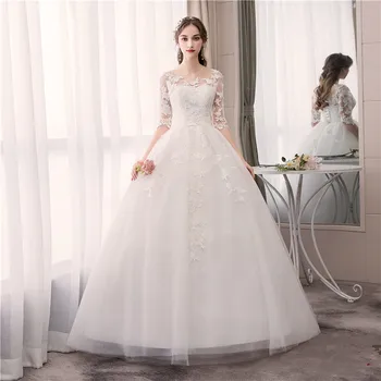 

EZKUNTZA Lace Half Sleeve Floor-length Wedding Dress Fashion O Neck Embroidery Lace Up Slim Plus Size Wedding Gown Casamento L