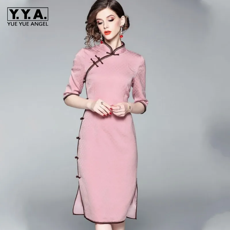 

Classic Cheongsam Chinese Style Retro Autumn Dress Female Slim Jacquard Red Dresses Ladies Elegant Tight Party Dress Designer