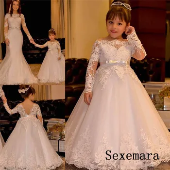 

New Off the Shoulder Long Sleeve Girls Dresses for Wedding Lace Applique Kids Pageant Dress First Communion Gown White/ivory