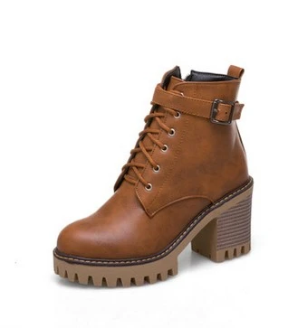 JIANBUDAN/фирменный дизайн, осенние женские ботинки на высоком каблуке pu кожаные ботинки на молнии для мотоцикла, зимние плюшевые теплые ботинки 34-43 - Цвет: brown