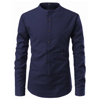 

Solid Color Men Business Shirt Five Button Pullover Pocket Decoration Stand Collar Plus Size Long Sleeve Casual Men Shirt