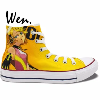 

Wen Yellow Anime Hand Painted Shoes Design Custom Hatsune Miku VOCALOID Woman Man's High Top Canvas Sneakers