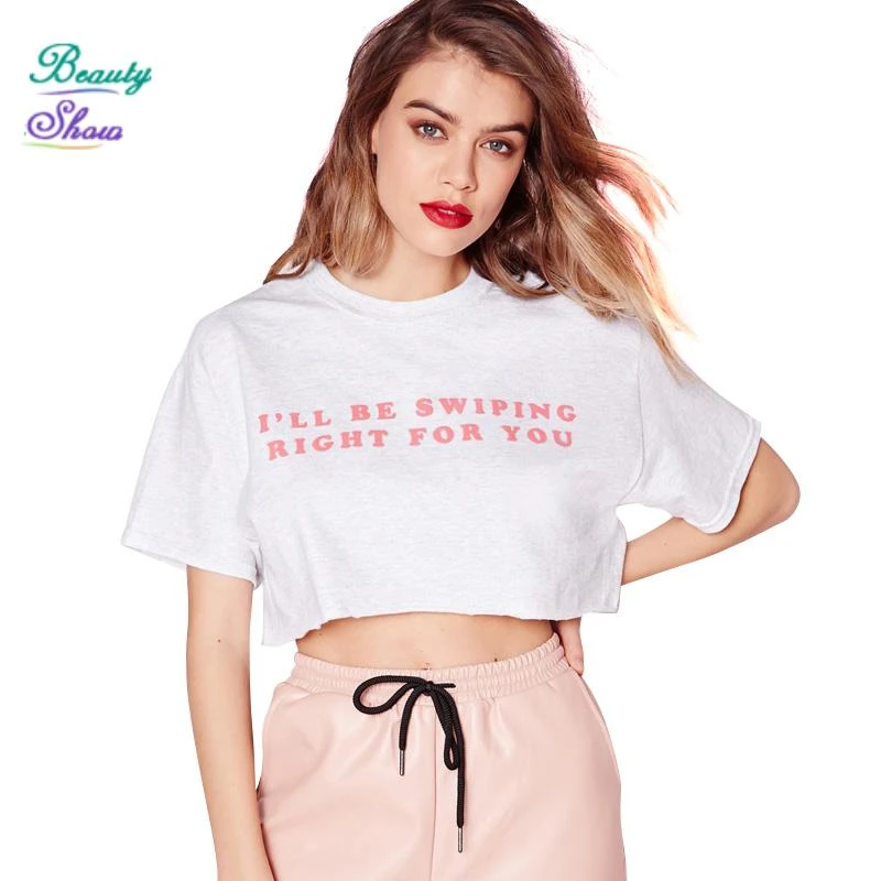 2017 Nueva Moda de Verano Deslizar Derecha Lema Crop Top Carta Gris imprimir Camisetas Mujeres O Cuello de Manga Corta Casual Tops Tallas t-shirt womenshort AliExpress