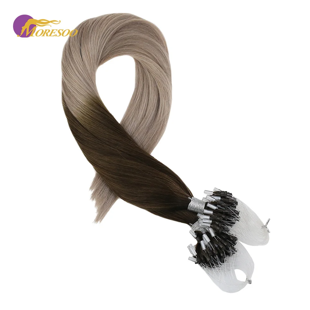 

Moresoo Micro Loop Hair Extensions Ombre Color Brown #4 Fading to Ash Blonde #18 Real Remy Brazilian Beads Extensions 1G/1S 50G